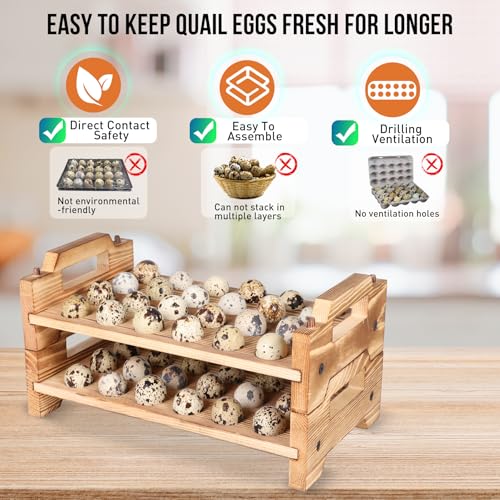 Stackable Wooden Quail Egg Holder Countertop-Expandable Storage Rack with 4 Bonus Egg Cups | Solid Wood Tray with Secure Interlocking Dowels for 48 Fresh Quail & Pigeon Eggs (Single or Multi-Tier Use)