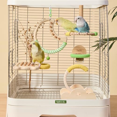 Natural Bird Swing - Tree-Shaped Parrot Perch with Bell and Cork Toys, Spinning Wooden Stand for Parakeets, Budgies, Lovebirds and Small/Medium Birds (White + Blue) - color: Blue, size: 6.57"L x 0.48"W x 7.08"H
