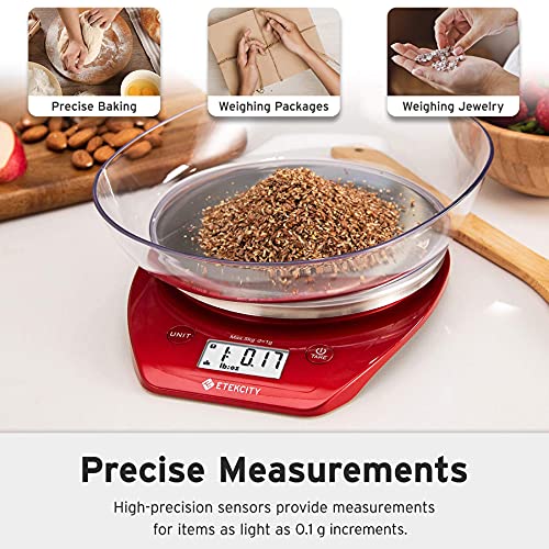 Etekcity Food Kitchen Scale with Bowl, 0.1g, Grams and Ounces | 11lb/5kg capacity with tare, removable bowl, ideal for baking, coffee, meal prep and portion control, Stainless Steel, Red - color: Chili Red