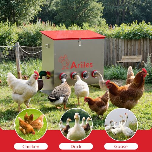 Automatic Chicken Feeder Box, 120lb Capacity, 10 No-Waste Ports, Metal Poultry Feeder with Covered Lid & Elevated Stand, Feed Dispenser for Chickens, Ducks & Backyard - size: 120 LB