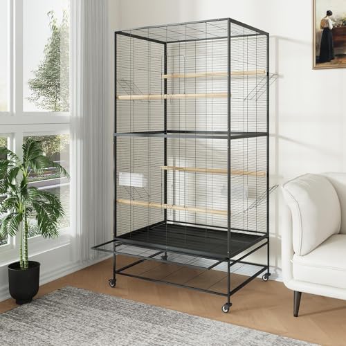 66-inch Wrought Iron Standing Large Parrot Parakeet Flight Bird Cage with Rolling for Small Parrot Sun Parakeet Green Cheek Bird Cage with Stand