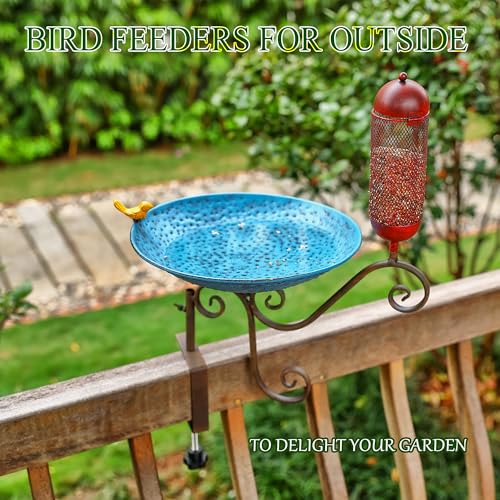 Metal Deck Mounted Bird Bath, 12" Beck Railing, Balcony Bird Bath for Outdoor, Garden, Patio, Antique Blue Green