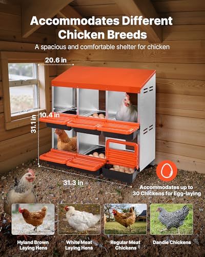 VEVOR 2 Tiers Chicken Nesting Boxes, 6 Compartments, Metal Egg Laying Boxes with Protective Collection Lids, Roll Out Nesting Box, Easy to Assemble, Ideal for Hens, Ducks, Chickens, and Other Poultry - size: 31.3"L x 20.6"W x 31.1"H