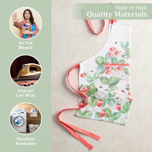 Maison d' Hermine Aprons for women with Pocket 100% Cotton (27.50"x31.50") | Adjustable Neck Strap & long ties Apron Men Chef Wedding Cooking Gardening Server Maid - color: 048 - Strawberry Summer