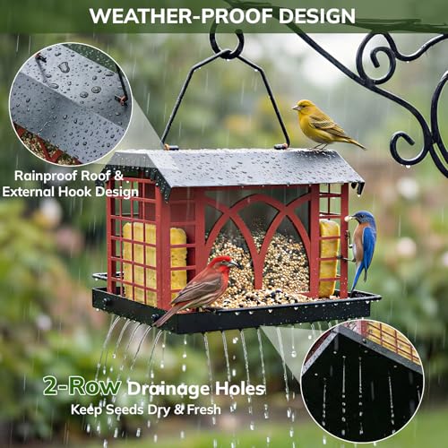 Bird Feeders for Outdoors Hanging, Metal Bird Feeder with Double Suet Cage Weatherproof Metal Roof, 3.5Lbs Large Capacity Great for Attracting Finch Cardinal Chickadee Wild Birds, Berry Red - color: Berry Red