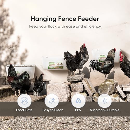 4 Pack Goat Feeders Hanging, 4.5 Quart White Chicken Feeder, Rabbit Feeders | Feed Buckets for Horses with Clips Hanging Fence Feeders, Duck Feeder, Chicken Water Feeder, Poultry Feeding Trough - color: white