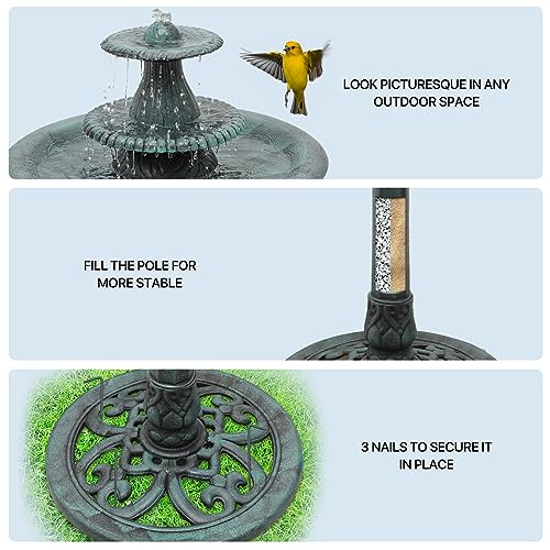 37" Outdoor Pedestal Water Fountain and Birdbath, Green | all Outside 3-Tiered Pedestal Antique Water Fountain and Birdbath for Garden Patio Deck Porch Backyard, 5L Capacity - color: Green
