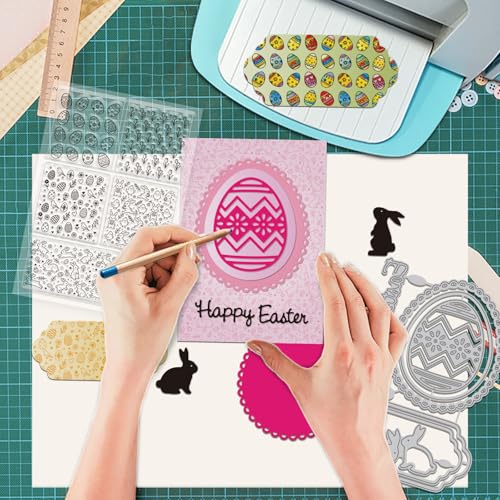 GLOBLELAND Easter Background Clear Stamps and Metal Die Cuts Spring Rabbit Transparent Stamp Easter Egg Frame Cutting Dies for Card Making Embossing Scrapbooking - style: Easter Background
