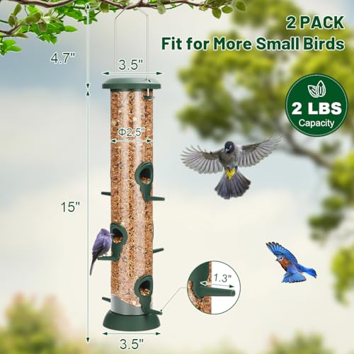 Tube Bird Feeder 2 Pack, 15 Inch Plastic Hanging Bird Feeder | 6 Feeding Ports with Perches, Weather-Resistant Design, Easy Seed Refill & Cleaning, Ideal for Finches, Chickadees & Sparrows