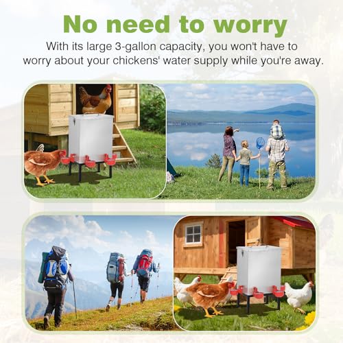 3 Gallons Chicken Waterer,Stainless Steels Automatic Chicken Waterer with Latch and Bottom Bracket，Poultry Watering 4 Water Cups Chicken Feeder Waterer and 4 Horizontal Automatic Chicken Nipples