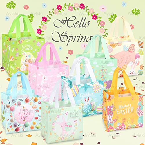 8PCS Happy Easter Egg Hunt Bags Easter Bunny Carrot Chick Egg Gift Bags with Handles, Easter Treat Bags, Easter Party Supplies , 8.3×7.9×5.9inch - color: Orange Pink Blue Green