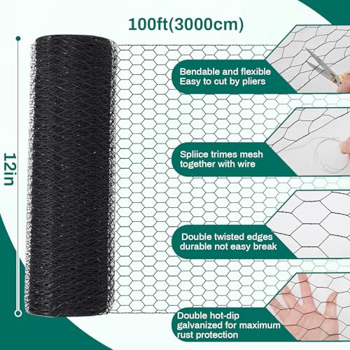 GlikCeil 12 in x 300 ft Chicken Wire Mesh Fencing for Floral Garden, 23 Gauge Black Galvanized Steel Wire, 1 Inch Hexagonal Hardware Cloth Netting for Farm Crafts Poultry Coop Barrier Rabbit Cage - color: Black, size: 12 in X 300 ft