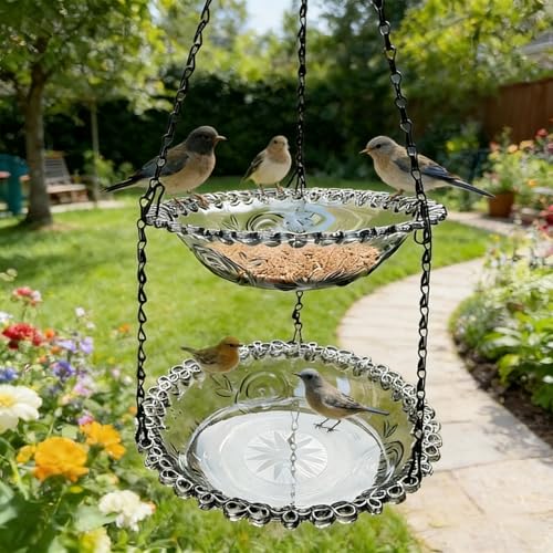 2-Tier Hanging Bird Feeder & Bird Bath, Gray Plastic | Outdoor, Bird Water Bowl, Garden Yard Patio Decor