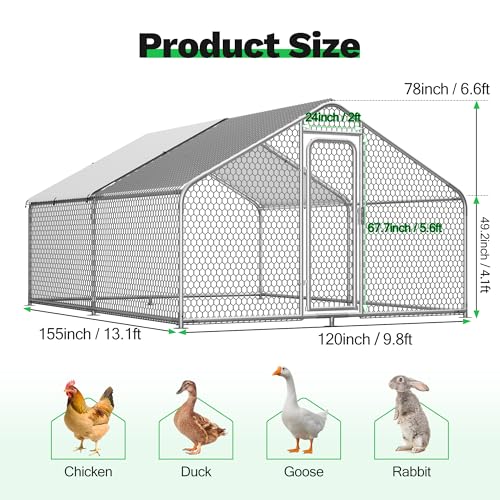 Homgava Large Metal Chicken Coop,13.1'L x 9.8'W x 6.6'H Chicken Run,Walk in Chicken Pen with Cover for Yard,Large Poultry Cage for Duck Rabbit - size: 155.0"L x 120.0"W x 78.0"H