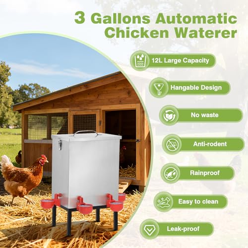 3 Gallons Chicken Waterer,Stainless Steels Automatic Chicken Waterer with Latch and Bottom Bracket，Poultry Watering 4 Water Cups Chicken Feeder Waterer and 4 Horizontal Automatic Chicken Nipples
