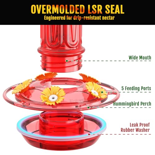 Birdream 2 Pack-20oz Hummingbird Feeders for Outdoors, Plastic Hummingbird Feeder with 5 Bee Guard Feeding Ports & Cleaning Brush, Leak Proof, Built-in Ant Moat, Solid Red - color: Solid Red, size: 2 Pack