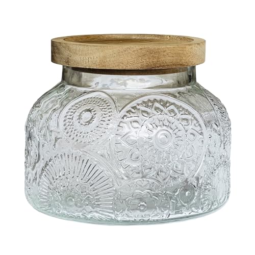 Decorative Flora Embossed Glass Jar with Airtight Wooden Lid, 25.4 fl. oz | Wide mouth vintage storage canister, kitchen pantry bathroom organization, coffee sugar tea cookie candy candle vase gift - size: 25.4 Ounces, style: Clear Flower