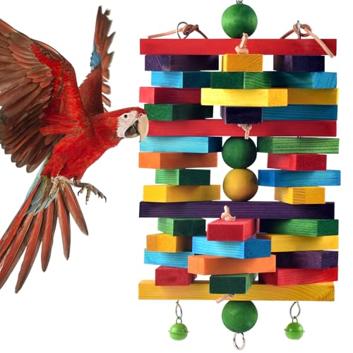 ERKOON Extra Large Bird Parrot Toys for Macaws, African Grey, Amazon Parrots Multicolored Natural Wooden Blocks Parrot Chewing Toy Bird Cage Bite Toy
