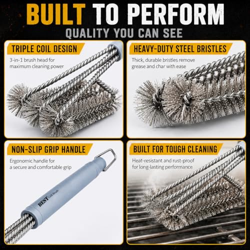 Best BBQ Grill Brush Stainless Steel 18" Barbecue Cleaning Brush w/Wire Bristles & Soft Comfortable Handle - Perfect Cleaner & Scraper for Grill Cooking Grates