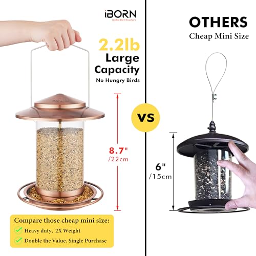 iBorn Metal Bird Feeders for Outdoors, Copper-Plating, 6 Port, 2.2LB | For Cardinal, Chew Proof, 18cm Large Roof & Tray, Hanging - color: Copper-Plating,2.2LB,6Port