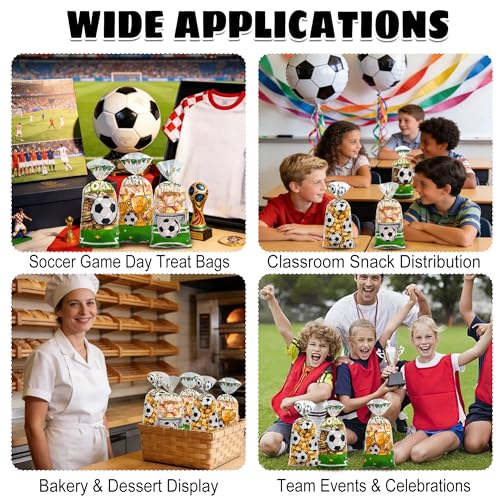 100PCS Soccer Cellophane Treat Bags - Clear Plastic Goodie Bags with 110 Gold Twist Ties - Soccer Party Favor Bags for Candy, Snacks, Game Day, Sports Events, Football Theme Parties & School Activities - color: Soccer-100pcs