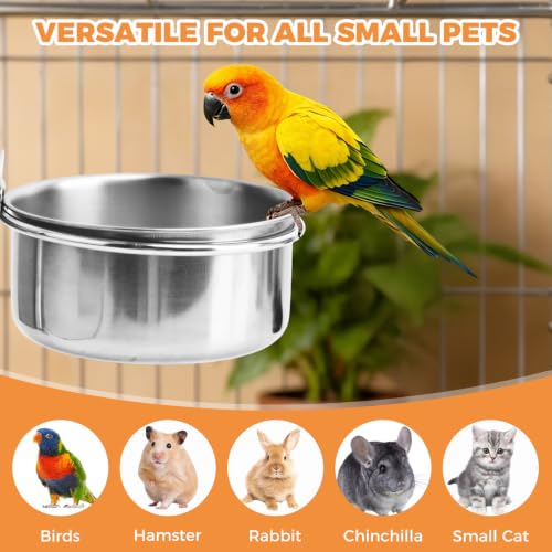 2 Pack Stainless Steel Bird Feeding Bowls, Parrot Food Water Dishes with Clamp Holder, Bird Feeding Cups for Cockatiel Budgie Parakeet Conure and Small Animals, 2 Feeding Spoons Included