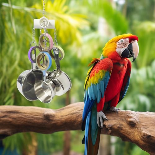 LWINGFLYER Stainless Steel Parrot Toys, Pullable Stainless Steel Cup and Cardboard Ring Toys Hanging Chew Bird Toys for Large Parrots，African Grey, Amazon Parrots