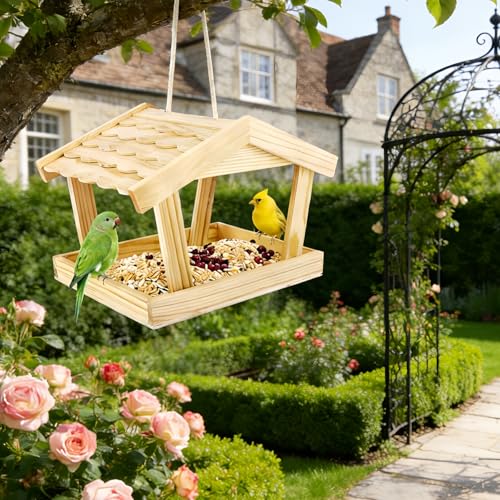 Bird Feeders House, 10x6.3x7.8 Inch Wooden Wild Bird Feeders for Cardinals Finches Bluebird Mealworm, Platform Bird House Feeder for Garden Yard Outside Hanging, Unfinished Wood