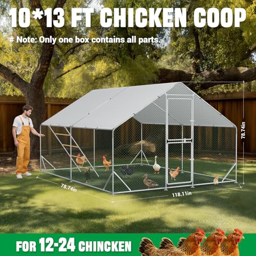 ACEPIC 10x13x6.5ft Metal Chicken Coop with Roosting Perches & Door Lock | Walk-in Poultry Cage with Waterproof & UV Resistant PE Top, Predator-Proof Hen Run for Yard, Farm, Chicken, Duck, Rabbit - size: 118.1"L x 157.5"W x 78.7"H