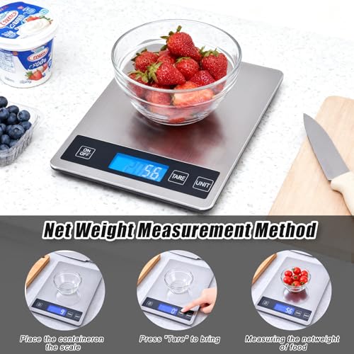 Food Kitchen Scale, 33lb Food Scale Precisely Measures Grams and Ounces for Baking and Cooking, 304 Stainless Steel Kitchen Scale for Food with LCD Display, Batteries Included - style: Rechargeable / 33lbs