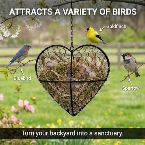 Handmade Alpaca Fiber Bird Nesting Heart - Refillable Bird Nesting Material Holder with Alpaca Wool for Bird Nesting - Outdoor Garden Dispenser & Nesting Material for Wild Birds (1 Set)