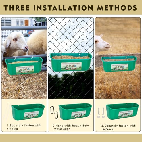 6 Pack Fence Feed Feeder 4.5 Quart Hanging Chicken Feeder Trough with Brush & Scoop Green Goat Hanging Fence Feeders Feeder with Hooks Screws & Zip Tie for Livestock Feeding Container Goats Supplies - color: Green, size: 6 Pack