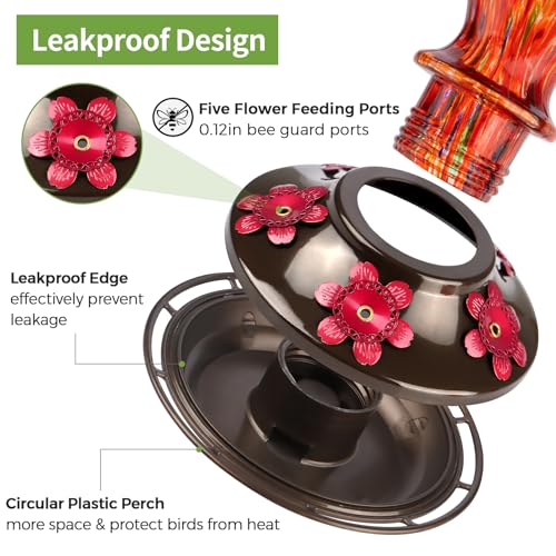 Glass Hummingbird Feeders for Outdoors Hanging with ant Moat, Red | Hand Blown, 24oz, 5 Bee-Proof Ports, 360° Perch, Leak-Proof, Easy Refill & Clean, Garden Decor, Gifts for Mom Dad Women Men - color: Rising Red