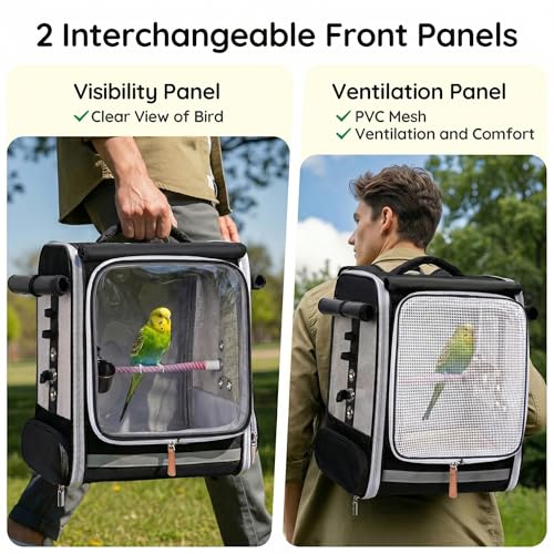 Mancro Bird Carrier Backpack for Small Birds, Cockatiel, Parrot | Bird Backpack with Tray and Standing Perch, Bird Travel Carrier Cage with Clear Window & Breathable Mesh Front for Vet Visits