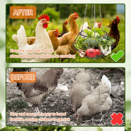 Hanging Chicken Feeder,9.25IN Large Foldable Chicken Vegetable Treat Holder Ball with 4Pcs Hanging Stainless Chain,Sturdy Poultry Cabbage Feeder Basket for Chicken Coop(Large) - size: Large