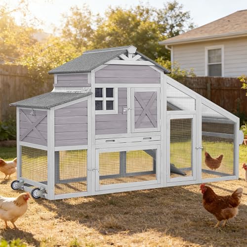 Mobile Chicken Coop with Run, Large Wooden Chicken House with Wheels, Duplex Hen House with Nesting Box, Slide-Out Tray, Waterproof Roof, Accommodates 2-4 Chickens - Grey - color: 73.4“L Light Grey