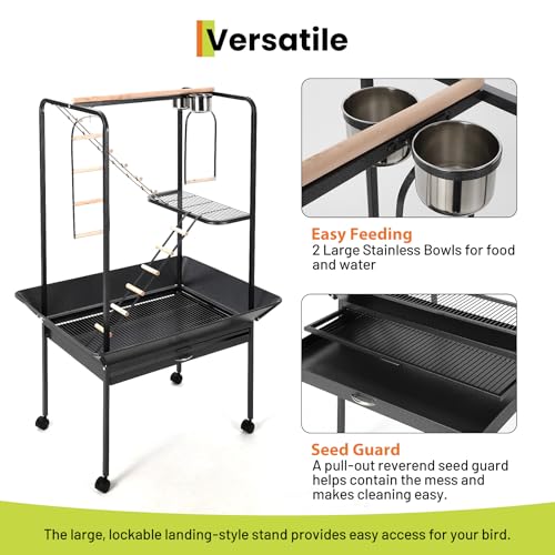 Large 66'' Black Bird Cage Play Center – Perches, Ladders, Rotating Ring, Removable Tray, Lockable Casters – Spacious Detachable Aviary for Macaw, Parakeet, Conure