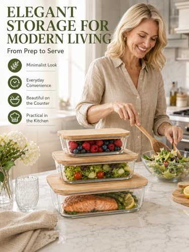 3-Pack Airtight Glass Food Storage Containers with Bamboo Lids | High borosilicate stackable meal prep containers for leftovers. Microwave and dishwasher safe kitchen organization.
