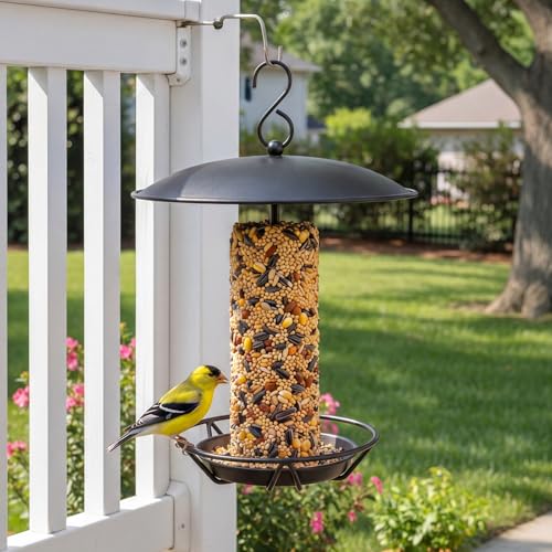 1 Pack Cylinder Bird Feeder Outdoor Seed Cake Feeder Hanging Metal Suet Cake Holder Backyard Wild Bird Feeding Feeders for Outdoors Garden (Black) - color: Black