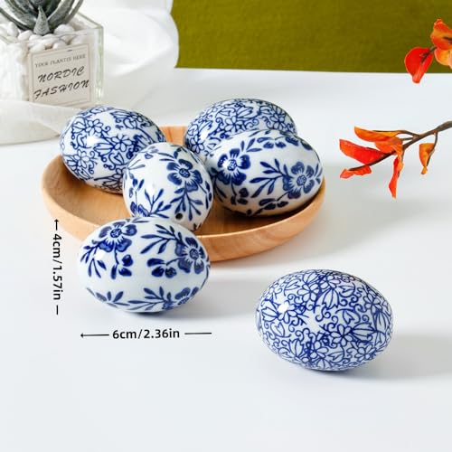 6pcs/Set Handcrafted Blue & White Ceramic Easter Eggs - Artisanal Decor for Home, Living Room & Office - Festive 6cm*4cm Accent Pieces - Perfect Mothers Day & Spring Easter Gifts (B) - size: G
