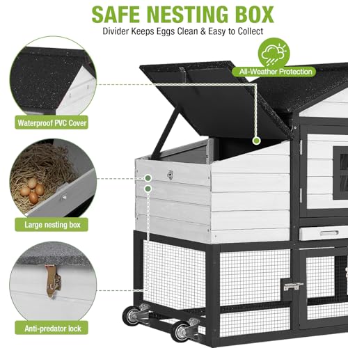 GUTINNEEN Chicken Coop with Wheels,Outdoor Hen House with Waterproof Asphalt Roof, Wooden Poultry Enclosure with Easy-Clean Slide-Out Tray,Poultry Cage with Nesting Boxes for Duck Rabbit Chicken-Black - size: 67.3"L x 26.0"W x 39.4"H