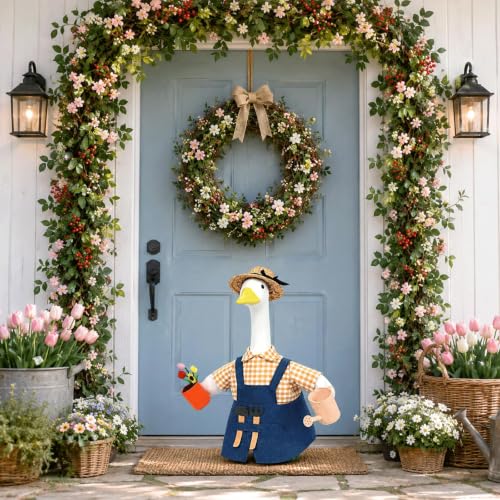 OBUSATT Gardener Porch Goose Outfits Spring Lawn Goose Costume Set | 23 Inch, with Watering Can Flower Pot, for Cement Plastic Goose Statue, Spring Holiday Outdoor Yard Garden Patio Lawn Decor - style: Gardener