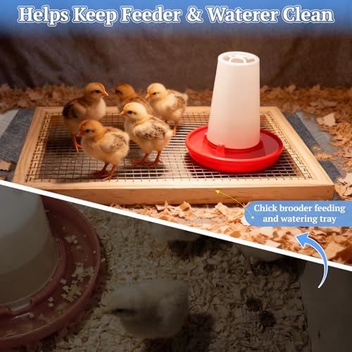 Chick Brooder Pads Kit with 4 Hatchling Liners, 1 Wooden-Frame Metal Grid Tray and 1 Cleaning Brush, Odor-Control Brooder Maintenance Kit, Keeps Feed and Water Clean, for Baby Chicks
