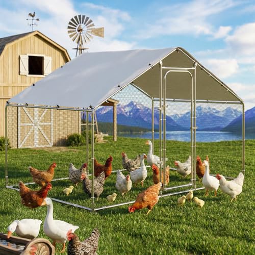 LEMBERI Metal Chicken Coop Spire Roof Walk in Chicken Run Pen for 6 Chickens, Galvanized Rabbits Duck Poultry Cage with Waterproof Cover for Outdoor,Backyard and Farm - size: 78.0"L x 118.1"W x 76.8"H