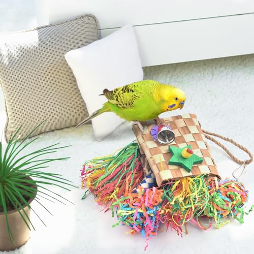 Bissap Bird Chew Toys, Parrot Foraging Shredder Natural Palm Frond Hanging Cage Toy for Conure Lovebird Budgie Cockatiel African Gray Cockatoos Amazon and Similar Sized Pet Birds - Flat Square - style: Flat Square