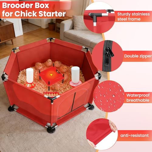 Brooder Box for Chicks, 8-in-1 Chick Heat Plate Starter Kit, Baby Chicken Brooder Pen with Feeder, Waterer, Perch & Bedding, Indoor Poultry Setup (Red)