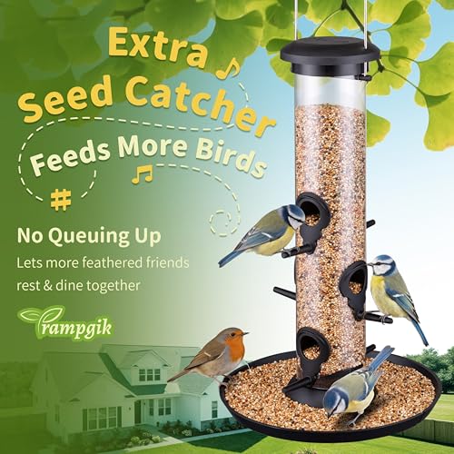 Tube Bird Feeders for Outdoors,13" 6-Port Seed Catcher,Black,2 PK | Spill-Proof, Removable Tray, Drainage Holes, Easy to Clean, Weather-Resistant, Durable for Outdoor - color: Black 13 Inch with Tray,Pack of 2
