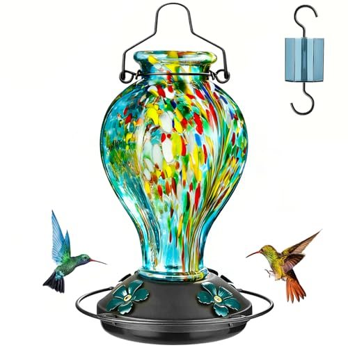 Hand Blown Glass Hummingbird Feeders for Outdoors Hanging, 24oz Wild Bird Nectar Feeder with Ant Moat and Perch, Bee-Resistant Ports, Garden Decor, Gifts for Women Mom, 1 Pack, Blue Fireworks - color: Blue Fireworks