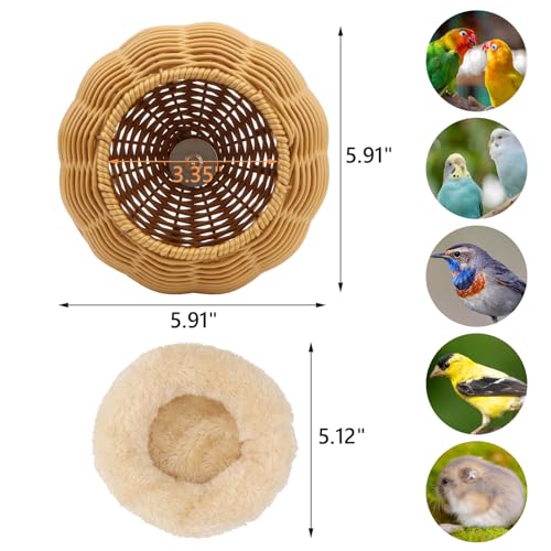 Hypeety Rattan Steel Frame Bird Nest for Cage Chewproof Bed with Cushion | Sturdy, natural rattan, removable soft plush pad, washable bird hammock, fits most cages, suitable for budgies/lovebirds