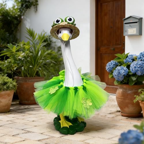 Porch Goose Statue,20" Large Resin Figurine Indoor & Outdoor Garden Decor | Goose Sculpture with Frog Outfit & Straw Hat, Yard/Lawn/Patio Decoration, Housewarming & Birthday Gift for Mom, Women & Men - style: frog hat goose